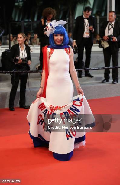 Guest with a dress that says "Make France Great Again" attends the "The Merciless " screening during the 70th annual Cannes Film Festival at Palais...