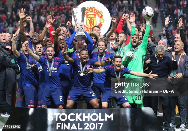 Wayne Rooney of Manchester United lifts The Europa League trophy after the UEFA Europa League Final between Ajax and Manchester United at Friends...