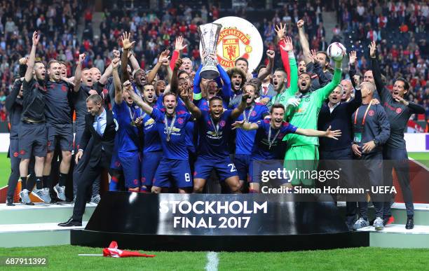 Wayne Rooney of Manchester United lifts The Europa League trophy after the UEFA Europa League Final between Ajax and Manchester United at Friends...