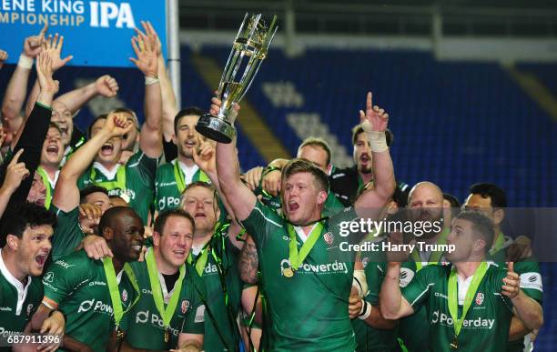 The London Irish side celebrate with the trophy during the Greene King IPA Championship Final Second Leg match between London Irish and Yorkshire...