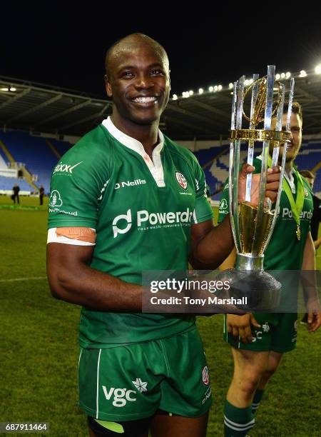 Topsy Ojo of London Irish celebrates with the trophy during the Greene King IPA Championship Final: Second Leg match between London Irish and...