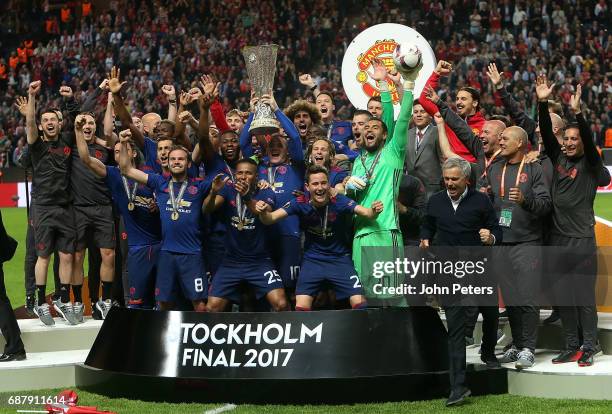 Wayne Rooney of Manchester United lifts the Euroup League trophy after the UEFA Europa League Final match between Manchester United and Ajax at...