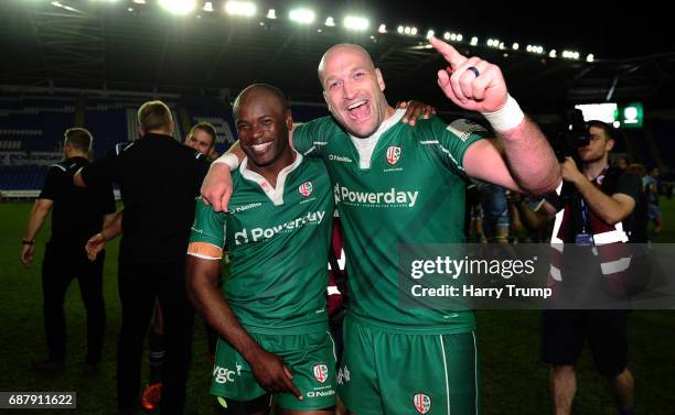 Topsy Ojo of London Irish celebrates with George Robson of London Irish during the Greene King IPA Championship Final Second Leg match between London...