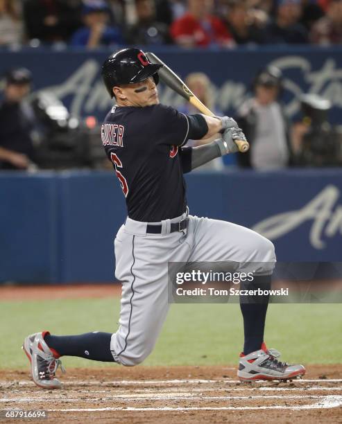 Brandon Guyer of the Cleveland Indians hits a three-run double in the third inning during MLB game action against the Toronto Blue Jays at Rogers...