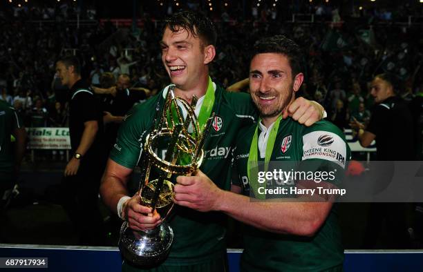 Alex Lewington of London Irish and Brendan McKibbin of London Irish celebrate during the Greene King IPA Championship Final Second Leg match between...