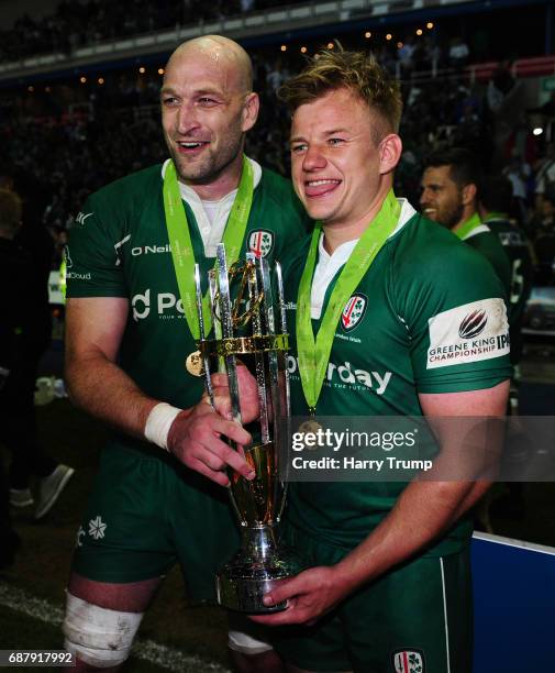 George Robson of London Irish and Scott Steele of London Irish celebrate during the Greene King IPA Championship Final Second Leg match between...