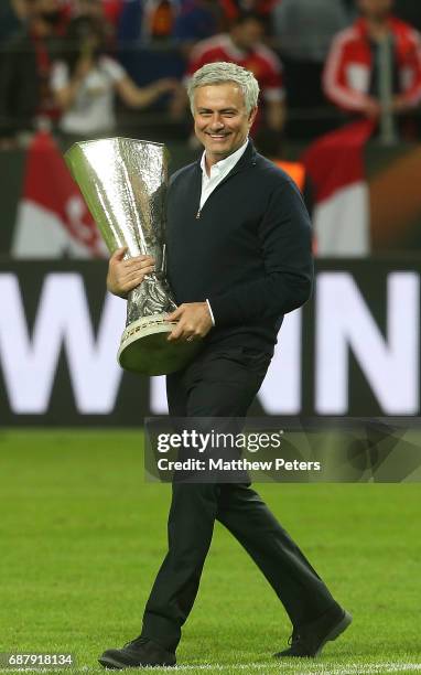 Manager Jose Mourinho of Manchester United celebrates with the Europa League trophy after the UEFA Europa League Final match between Manchester...