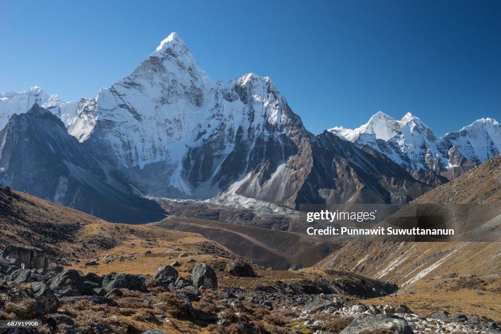 Ama Dablam mountain peak view from Kongma la pass, Everest region, Nepal