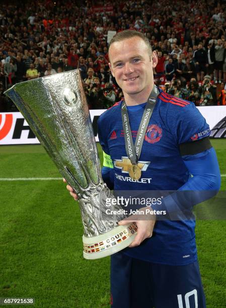 Wayne Rooney of Manchester United celebrates with the Europa League trophy after the UEFA Europa League Final match between Manchester United and...