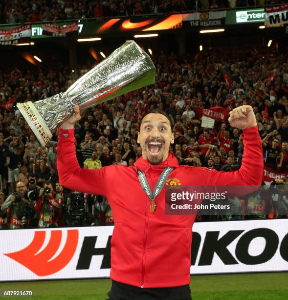 Zlatan Ibrahimovic of Manchester United celebrates with the Europa League trophy after the UEFA Europa League Final match between Manchester United...