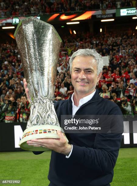 Manager Jose Mourinho of Manchester United celebrates with the Europa League trophy after the UEFA Europa League Final match between Manchester...