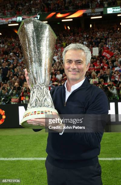 Manager Jose Mourinho of Manchester United celebrates with the Europa League trophy after the UEFA Europa League Final match between Manchester...