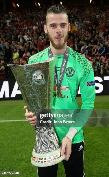 David de Gea of Manchester United celebrates with the Europa League trophy after the UEFA Europa League Final match between Manchester United and...