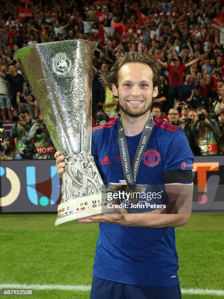 Daley Blind of Manchester United celebrates with the Europa League trophy after the UEFA Europa League Final match between Manchester United and Ajax...