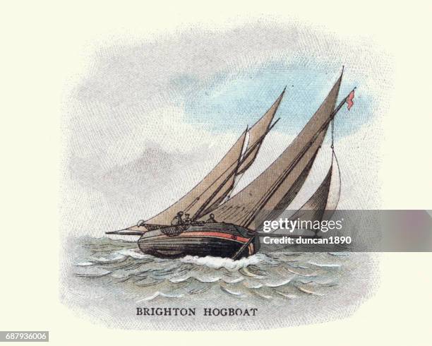 brighton hog boat, 19th century - brighton stock illustrations