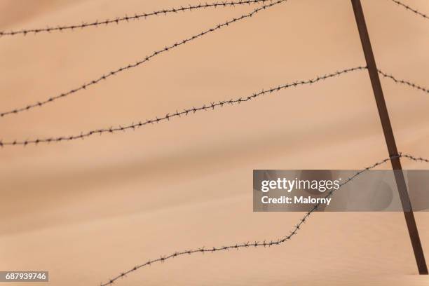 barbed wire in the desert - refugiados siria fotografías e imágenes de stock