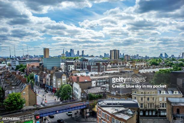 rooftops and the london skyline. - hackney london stock pictures, royalty-free photos & images