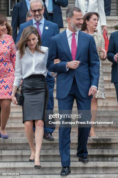 King Felipe of Spain and Queen Letizia of Spain arrives at the opening of the exhibition 'Scripta. Tesoros manuscritos de la Universidad de...