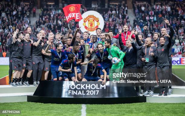 Team mates of Manchester United celebrate with The Europa League trophy after the UEFA Europa League Final between Ajax and Manchester United at...