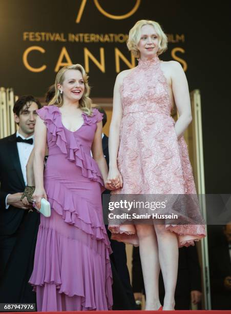 Elisabeth Moss and Gwendoline Christie attend the 70th Anniversary screening during the 70th annual Cannes Film Festival at Palais des Festivals on...