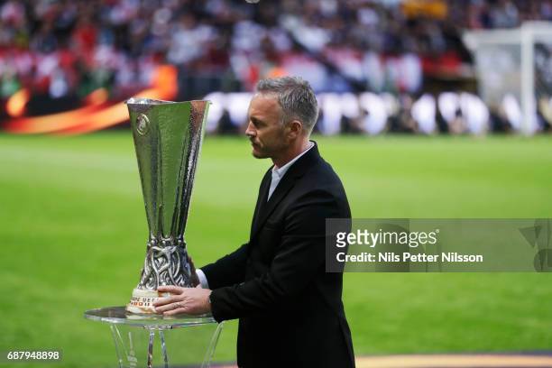 Patrik Andersson with the trophy during the UEFA Europa League Final between Ajax and Manchester United at Friends Arena on May 24, 2017 in...