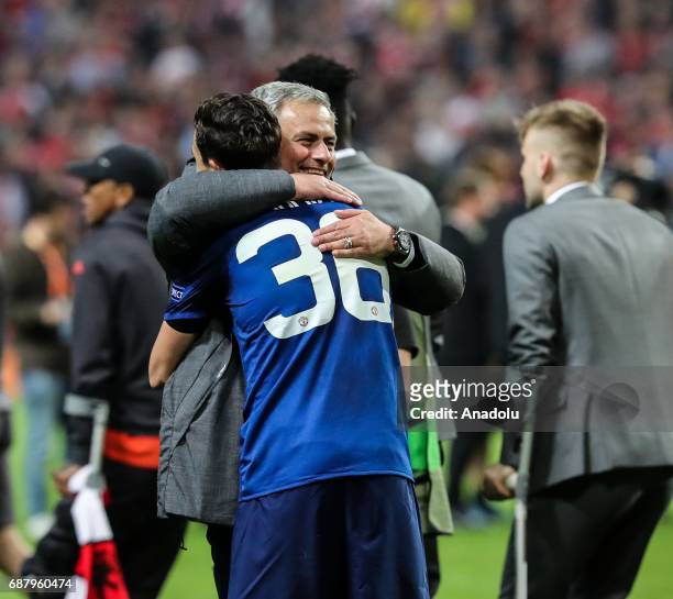 Coach Jose Mourinho and Matteo Marmian of Manchester United celebrate after the UEFA Europa League Final match between Ajax and Manchester United at...