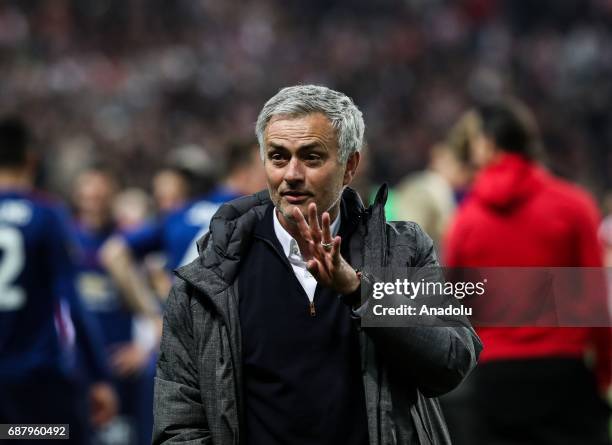 Coach Jose Mourinho of Manchester United gestures as he celebrates after the UEFA Europa League Final match between Ajax and Manchester United at...