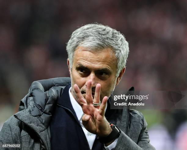 Coach Jose Mourinho of Manchester United gestures as he celebrates after the UEFA Europa League Final match between Ajax and Manchester United at...