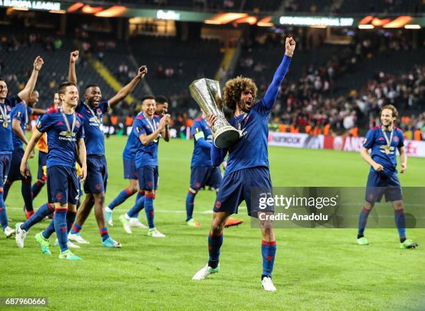 Marauane Fellani of Manchester United celebrates with trophy at the end of the UEFA Europa League Final match between Ajax and Manchester United at...