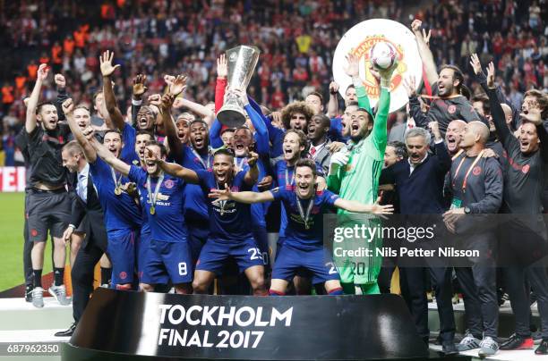 Players of Manchester United celebrates after the victory during the UEFA Europa League Final between Ajax and Manchester United at Friends Arena on...