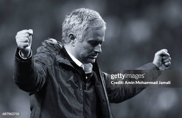 Manchester United manager Jose Mourinho celebrates during the UEFA Europa League Final match between Ajax and Manchester United at Friends Arena on...