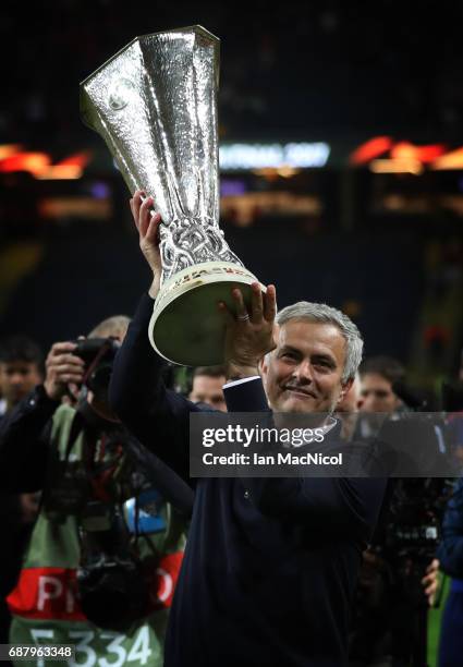 Manchester United manager Jose Mourinho lifts the trophy during the UEFA Europa League Final match between Ajax and Manchester United at Friends...