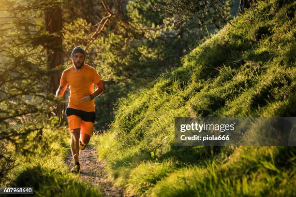 man trail running in the forest up mountain - trackmen stock pictures, royalty-free photos & images