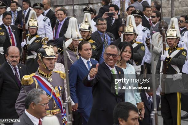 Jorge Glas, Ecuador's vice president, gestures while exiting the National assembly building after the presidential inauguration of Lenin Moreno,...