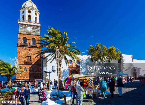 Street market and Nuestra Seora de Guadalupe Church. Teguise. Lanzarote, Canary islands, Spain, Europe.