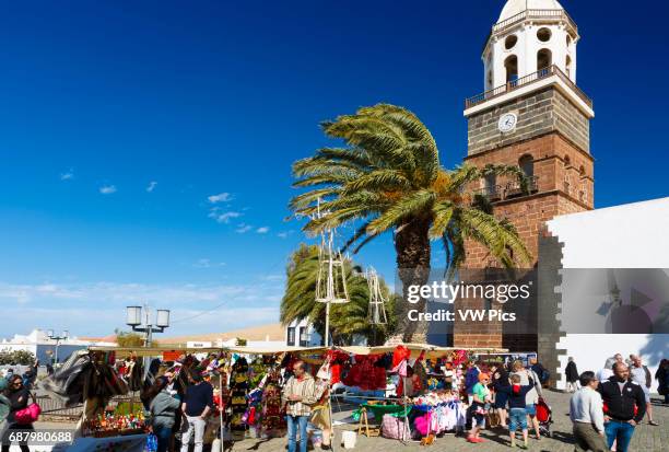 Street market and Nuestra Seora de Guadalupe Church. Teguise. Lanzarote, Canary islands, Spain, Europe.