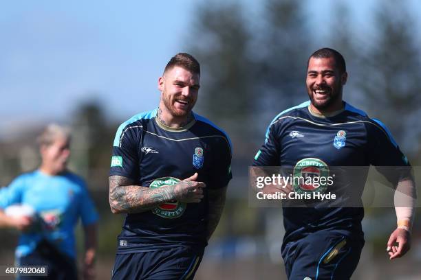 Josh Dugan and Andrew Fifita laugh during a New South Wales Blues State of Origin training session at Cudgen Leagues Club on May 25, 2017 in...