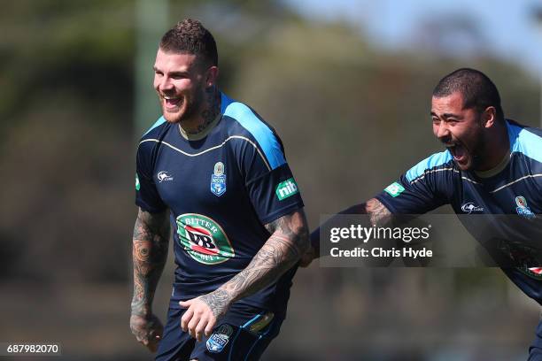 Josh Dugan and Andrew Fifita laugh during a New South Wales Blues State of Origin training session at Cudgen Leagues Club on May 25, 2017 in...