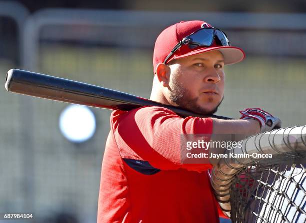 Jhonny Peralta of the St. Louis Cardinals leans on the cage during batting practice before the game against the Los Angeles Dodgers at Dodger Stadium...