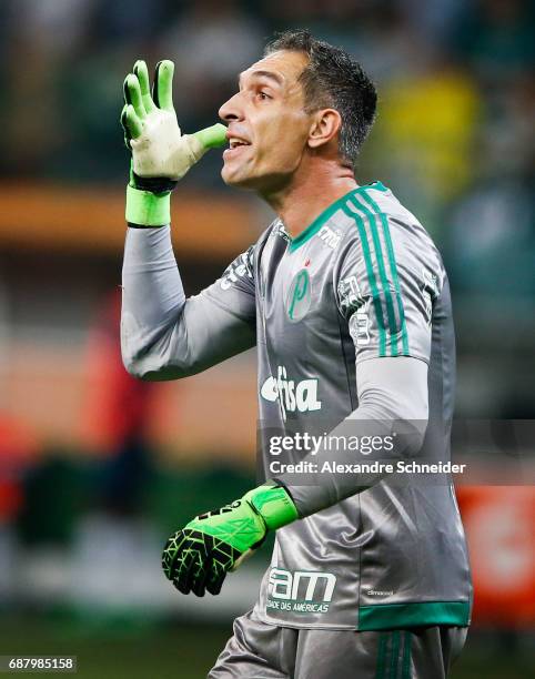 Fernando Prass of Palmeiras of Brazil reacts during the match between Palmeiras and Atletico Tucuman for the Copa Bridgestone Libertadores 2017 at...