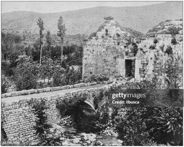 antique photographs of holy land, egypt and middle east: entrance to caesarea philippi - jordan middle east stock illustrations