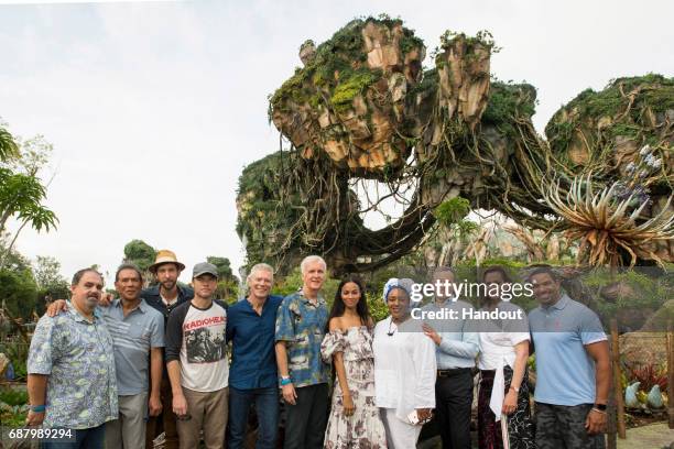 In this handout photo provided by Disney Resorts, Jon Landau, Wes Studi, Joel David Moore, Sam Worthington, Stephen Lang, James Cameron, Zoe Saldana,...