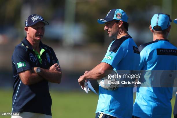 Peter Sterling and Coach Laurie Daley talk during a New South Wales Blues State of Origin training session at Cudgen Leagues Club on May 25, 2017 in...