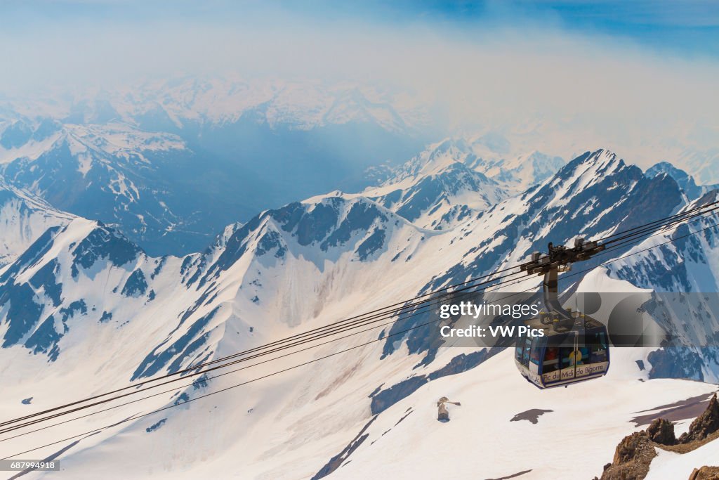 Aerial tramway and snow-covered mountains