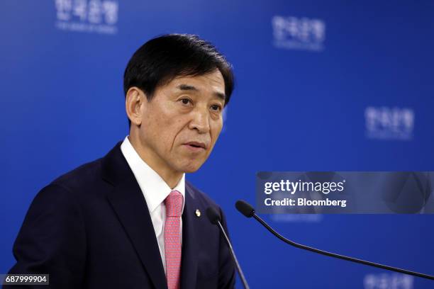 Lee Ju-yeol, governor of the Bank of Korea , speaks during a news conference following a monetary policy meeting at the central bank's headquarters...