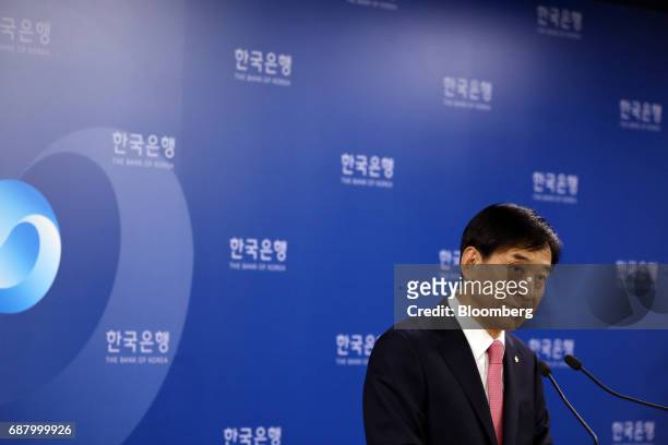 Lee Ju-yeol, governor of the Bank of Korea , speaks during a news conference following a monetary policy meeting at the central bank's headquarters...