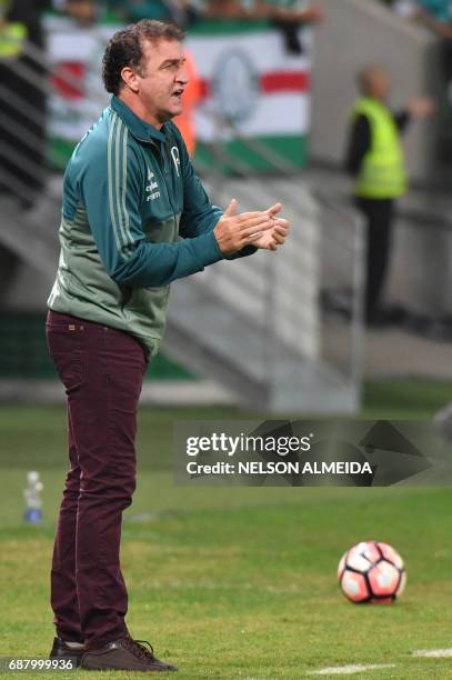 Brazil's Palmeiras team coach Cuca gestures during the 2017 Copa Libertadores football match against Argentina's Atletico Tucuman held at Allianz...