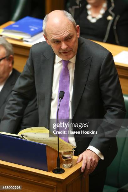 Finance Minister Steven Joyce speaks during the 2017 budget presentation at Parliament on May 25, 2017 in Wellington, New Zealand. Finance Minister...