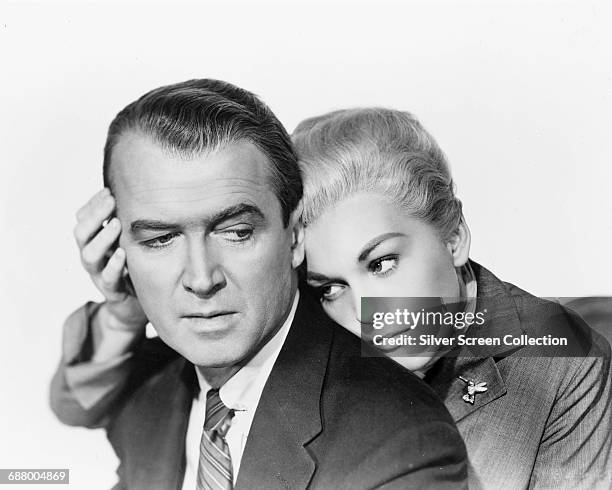 Actors James Stewart as Detective John 'Scottie' Ferguson and Kim Novak as Madeleine Elster in a publicity still for the film 'Vertigo', directed by...