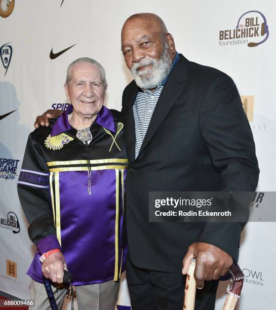 Chief Oren Lyons and former NFL football player Jim Brown arrives at the premiere of "Spirit Game: Pride of A Nation" at Writers Guild Theater on May...